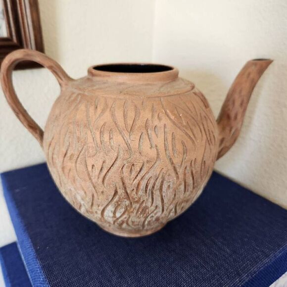 Carved clay teapot pottery tan earthenware stoneware home decor neutral Earth to - Picture 5 of 6